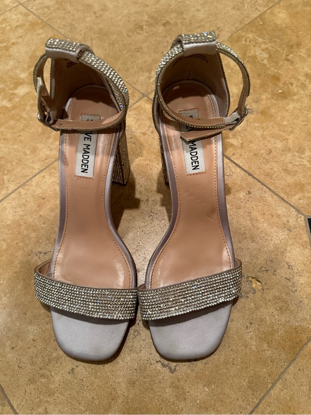 Steve Madden Silver Crystal Block-Heel Sandals